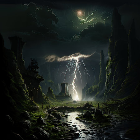 Fantasy landscape with an abandoned factory and lightning. 3D renderingの写真素材