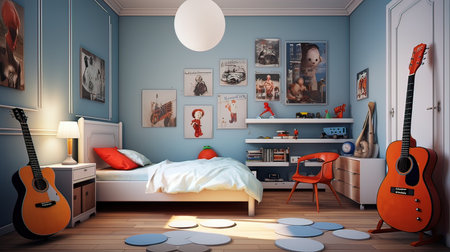 Children's room with a large bed and a guitar. 3D rendering.の写真素材