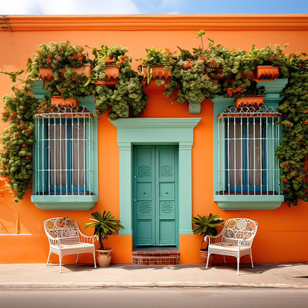 Colorful facade of a house with flowers on the wall and two chairsの写真素材