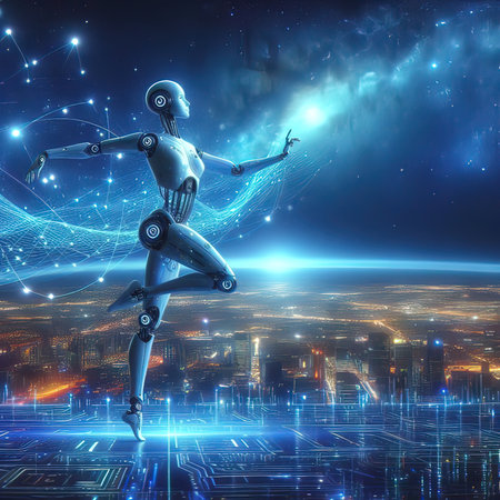3d rendering of a robot in a futuristic space with glowing lightsの写真素材