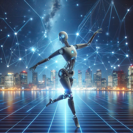 Robot cyborg with network connection and city in the background. 3d renderingの写真素材