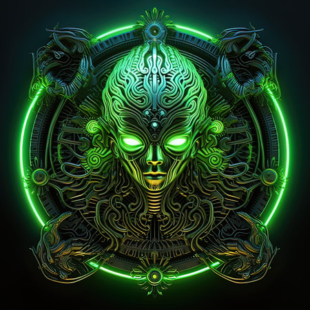 Cyborg skull in a green circle on a dark background. Vector illustration.の写真素材
