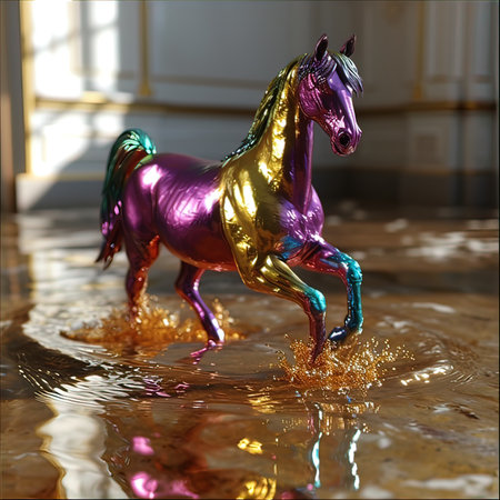 Horse in the water on the background of the reflection of the buildingの写真素材