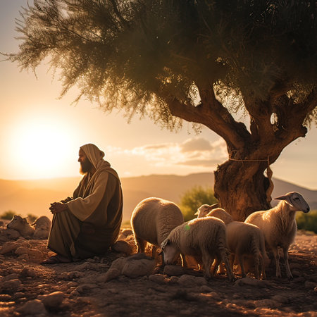 Muslim man and sheep in the desert at sunset. Ramadan Kareemの写真素材