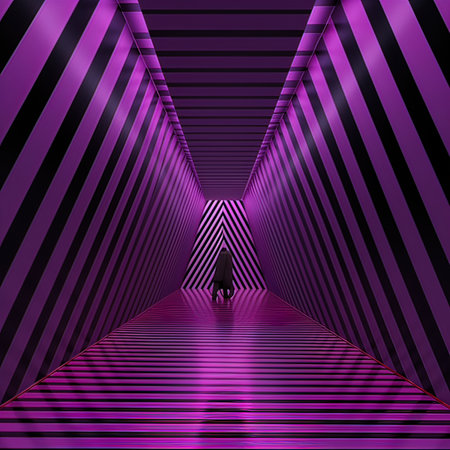 3d rendering of a person walking in a dark tunnel with purple stripesの写真素材