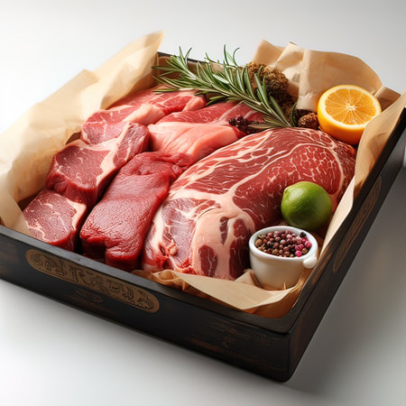 Raw pork meat in a wooden box with rosemary and spices.の写真素材
