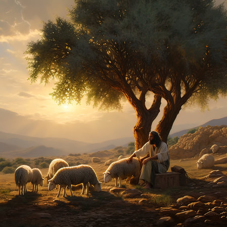 Sheep grazing under a tree in the mountains at sunset. 3d render