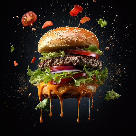 Burger with flying ingredients and splashes on a black background.の写真素材