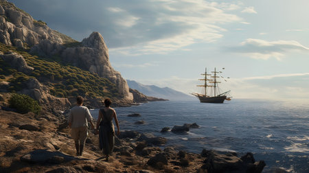 Couple in love on the seashore looking at the shipの写真素材