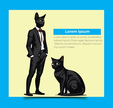 Black cat and man in suit on yellow background. Vector illustration.のイラスト素材