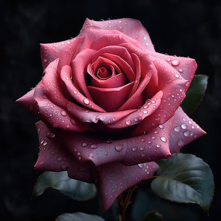 Beautiful pink rose with dew drops on a dark background.の写真素材