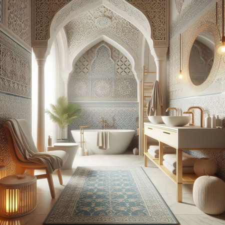 3D rendering of a modern bathroom in a moroccan styleの写真素材