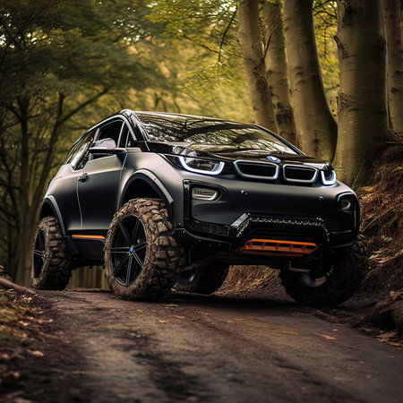 SUV on the road in the forest. 3d rendering.の写真素材