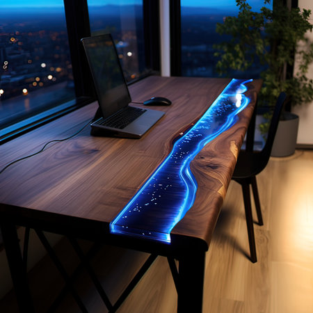Table with computer on background of night city. 3D rendering.の写真素材