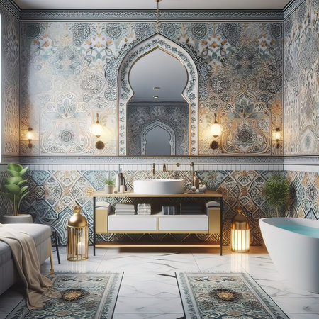 3d rendering luxury bathroom in morocco style. Bathroom interior design.の写真素材