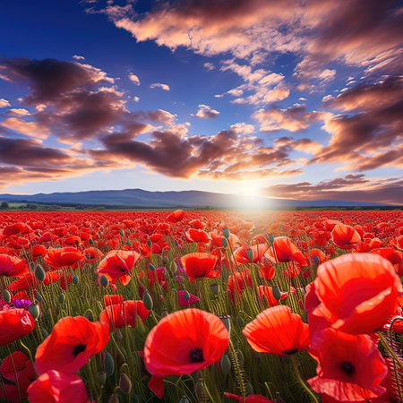 Field of poppies at sunrise. Dramatic sky. Ukraine, Europe. Beauty world.の写真素材