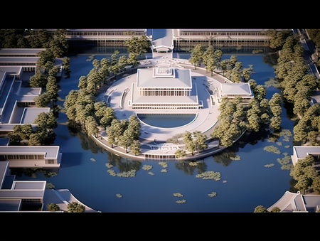 3d render of a park with trees and a lake in the backgroundの写真素材