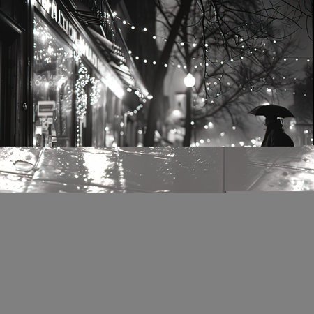 Night city street with umbrella and lights. Black and white photo.の写真素材