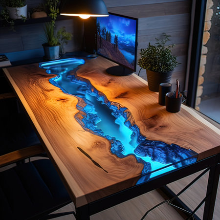 Modern interior of living room with wooden table and computer screen. Night timeの写真素材