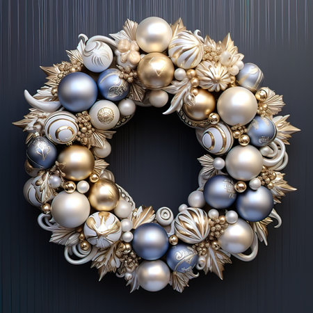 Christmas wreath with silver, blue and gold balls. 3D illustration.の写真素材