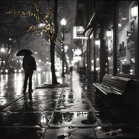 A man with an umbrella walks on a rainy night in the city.の写真素材