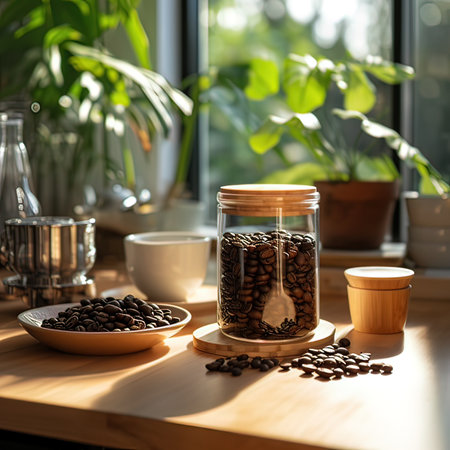 Coffee beans in a glass jar on a wooden table near the windowの写真素材