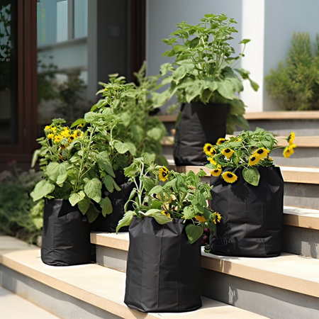 Sunflowers in black plastic pots on the steps of a houseの写真素材