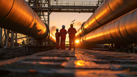 Oil and gas industry. The workers are standing in front of the oil pipeline.の写真素材