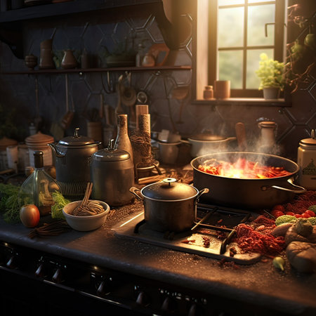 Kitchen interior with cooking utensils on the stove. Cooking concept.の写真素材