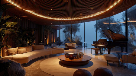 Interior of a modern living room with a wooden ceiling, a round coffee table and a pianoの写真素材