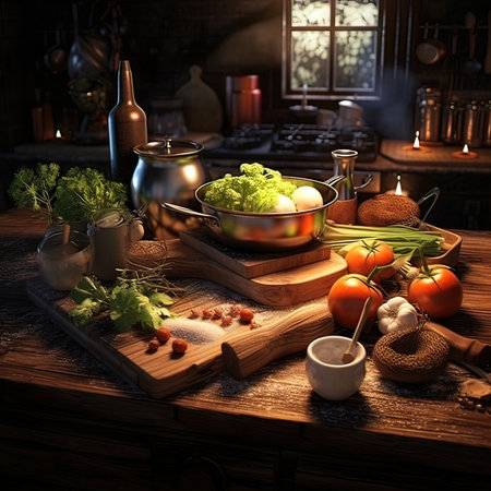 Still life with vegetables, herbs and spices in a rustic kitchenの写真素材