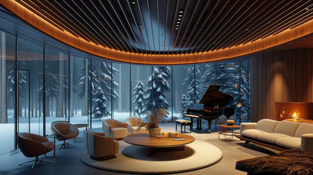 3D rendering of a modern living room with a wooden ceiling.の写真素材