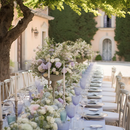 Wedding table setting with flowers in a vase on the terraceの写真素材