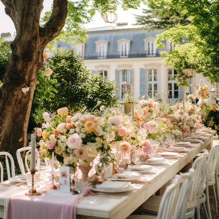 Wedding Banquet Table Outdoors Decorated with Flowersの写真素材