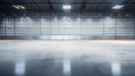 Empty warehouse interior with concrete floor. Blurred background. 3d renderingの写真素材