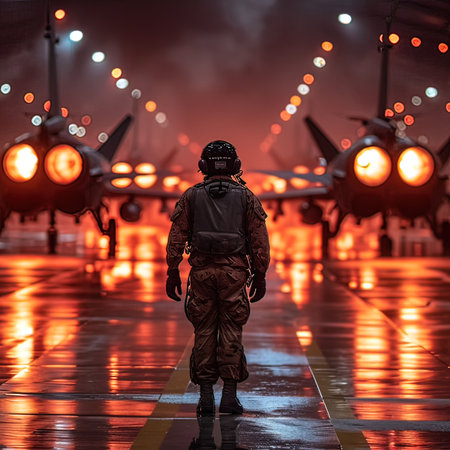 Fighter in a military uniform on the background of the night city