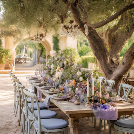 Wedding table setting in the shade of a tree. Wedding decorationsの写真素材