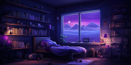 3D rendering of a night bedroom with a view of the mountainsの写真素材