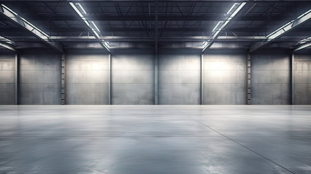 Empty warehouse interior with concrete floor and light spotlights. 3D Renderingの写真素材