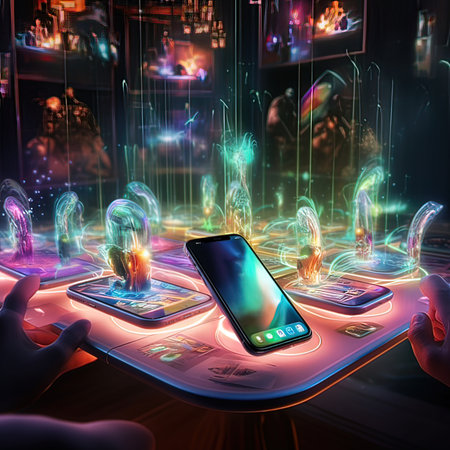 Smartphone with futuristic technology background. 3d rendering. Computer digital drawing.の写真素材