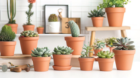 Beautiful succulents in pots on table in room. Interior designの写真素材