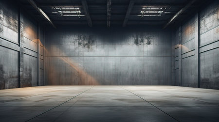 3d rendering of an empty warehouse with light coming out of the wallの写真素材