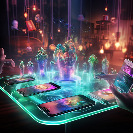 Tablet and smartphone on the table. 3d rendering. Neon light.の写真素材