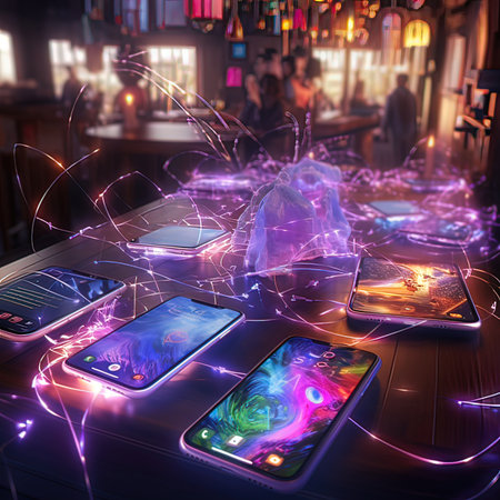 Smartphones in a bar with glowing lights. 3d rendering.の写真素材