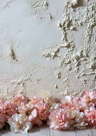 Beautiful pink flowers on a white wooden background. Copy space.の写真素材