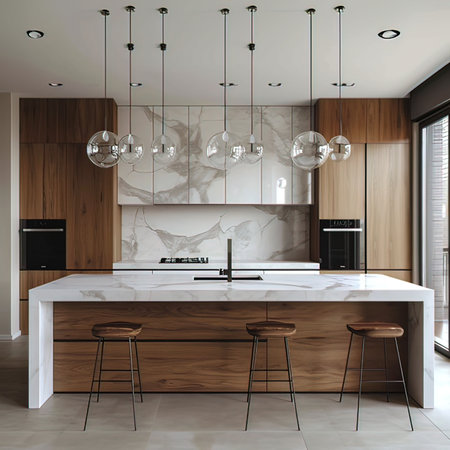 Interior of modern kitchen with white and wooden walls, tiled floor, white countertops and bar with stools. 3d renderingの写真素材