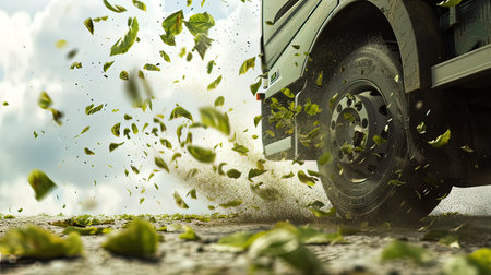 Truck with green leaves flying in the air. 3d renderingの写真素材