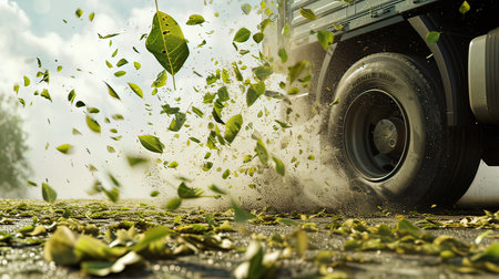 Truck on the road with green leaves flying in the air.の写真素材