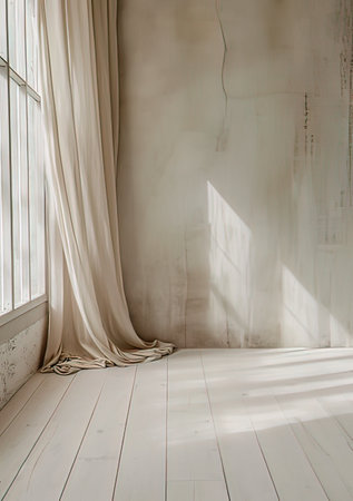 White room with window and curtains, interior design concept, copy spaceの写真素材