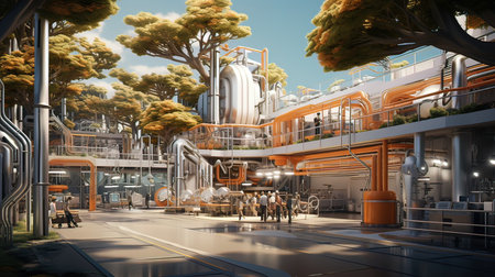 3D rendering of a modern city with people in the street.の写真素材